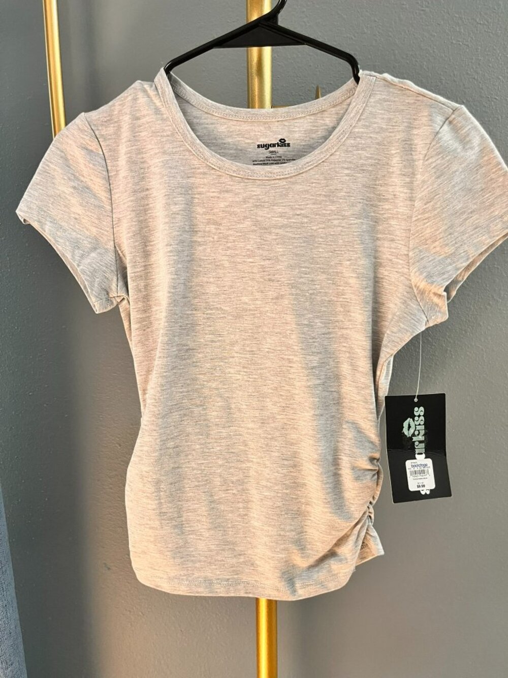 Sugarkiss NWT Heather Gray Side Ruched Crewneck Short Sleeve Baby Tee Top Size S